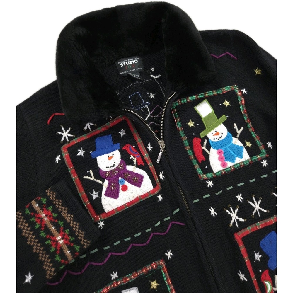 Vintage Christmas Sweater Womens‎ Medium Petite Fur Zip Embroidered Snowman